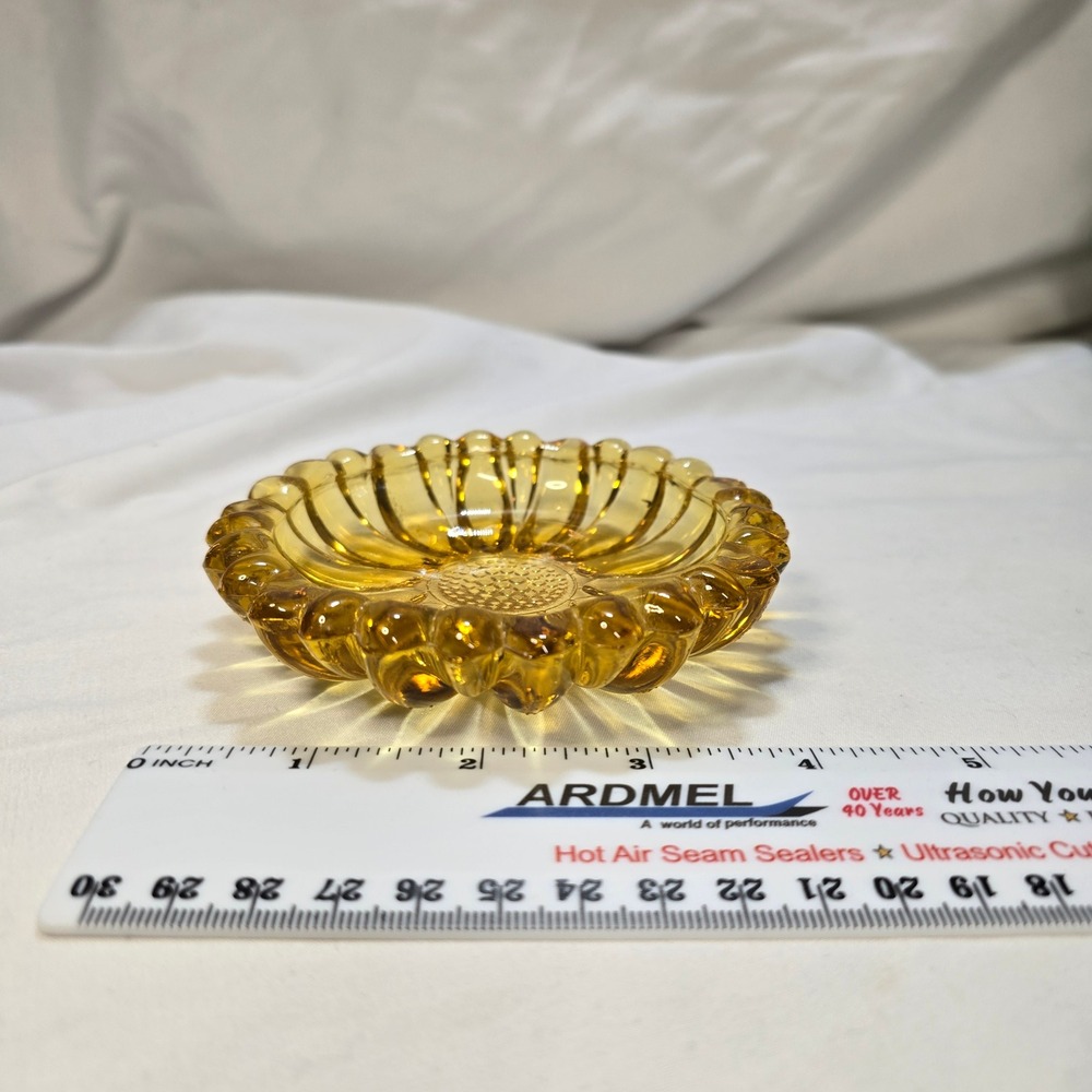 Vintage Amber Glass Sunflower Ashtray Trinket Dish Mid Century Scalloped Petal - Picture 2 of 10
